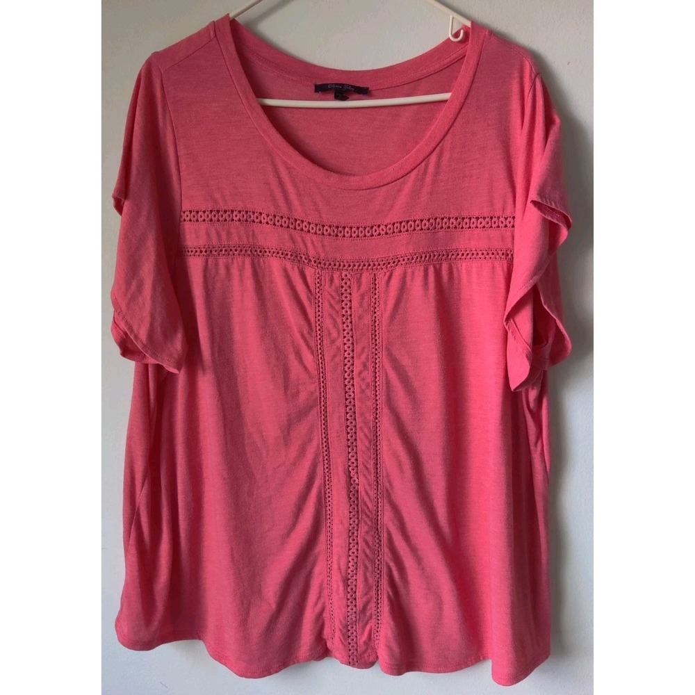 Olivia Sky Women's Plus Size Short Sleeve Shirt Coral Crochet Detail Size 3X‎